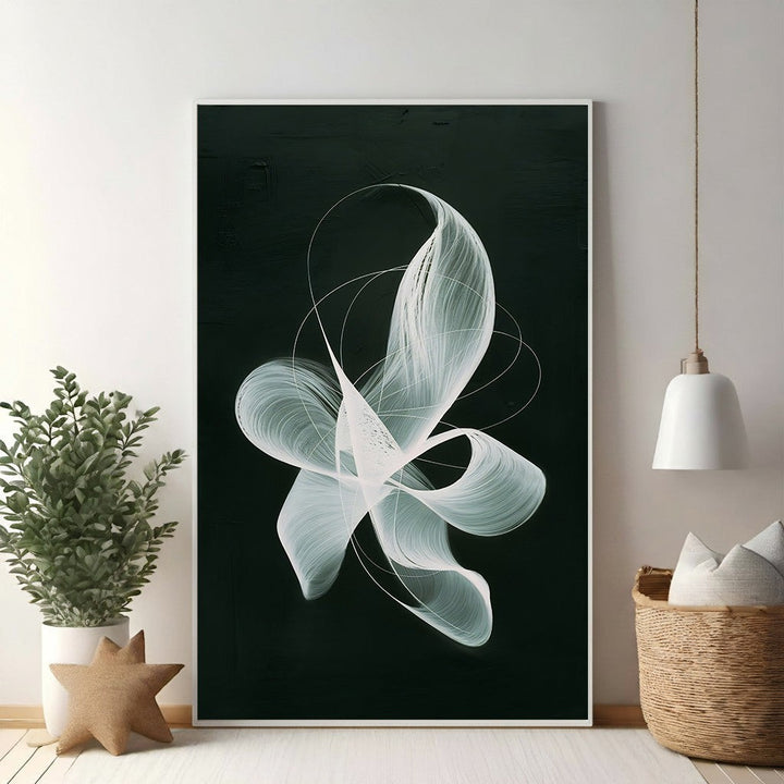 Wadi Home abstract swirl canvas wall art, featuring flowing white lines on a dark background. Modern art for living rooms, bedrooms, or offices.