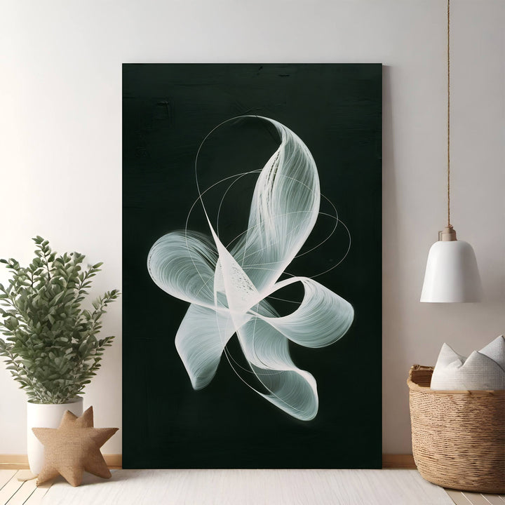 Wadi Home abstract swirl canvas wall art, featuring flowing white lines on a dark background. Modern art for living rooms, bedrooms, or offices.