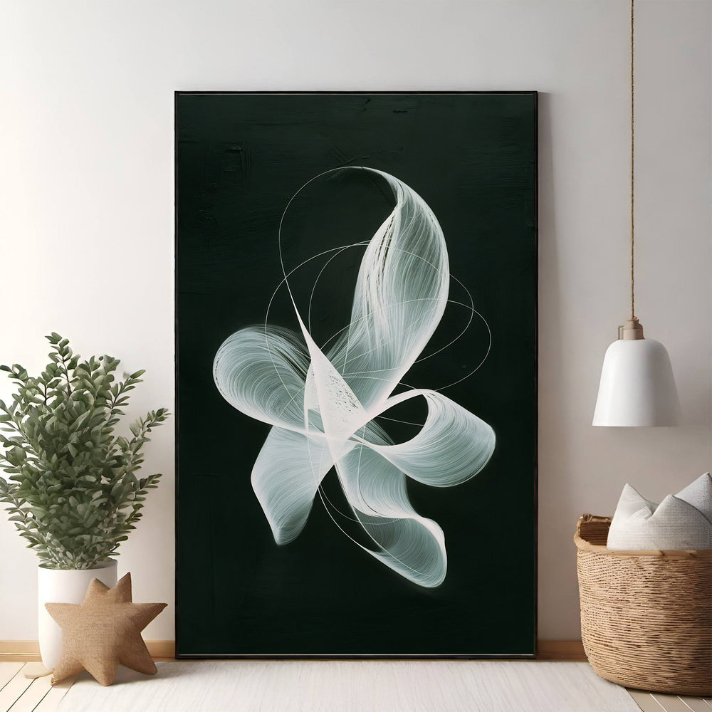 Wadi Home abstract swirl canvas wall art with white flowing design on dark background.