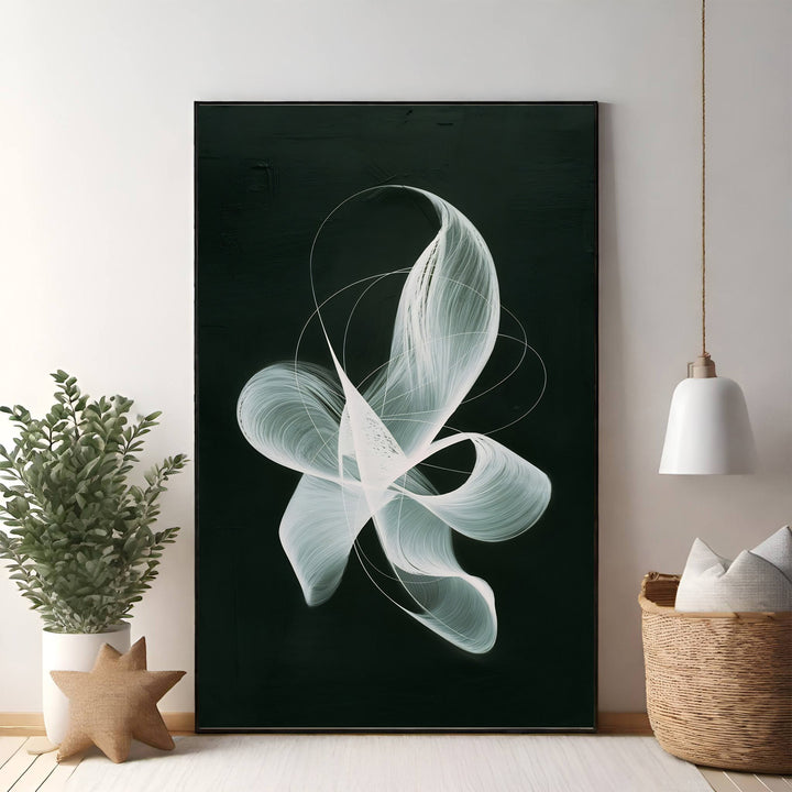 Wadi Home abstract swirl canvas wall art with white flowing design on dark background.