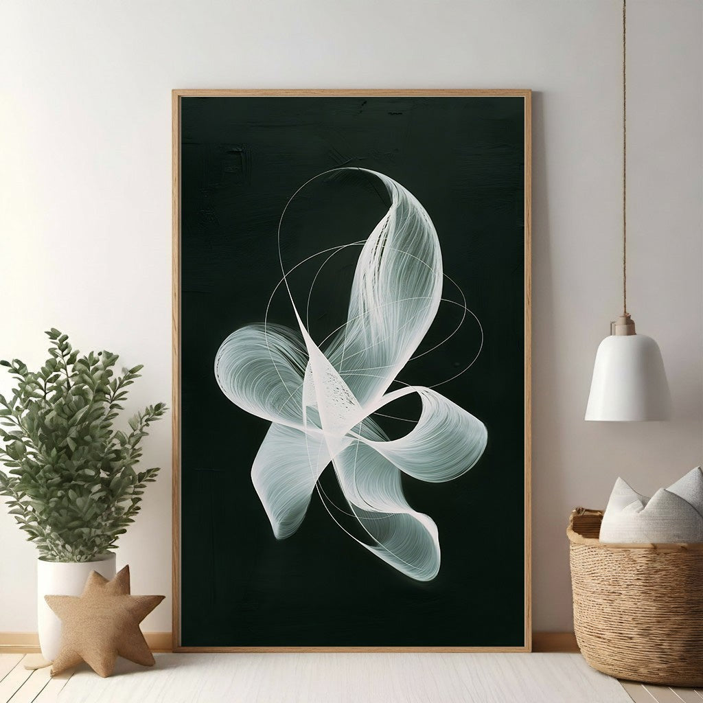 Wadi Home abstract swirl canvas wall art with flowing white lines on a dark background, modern art for living rooms.