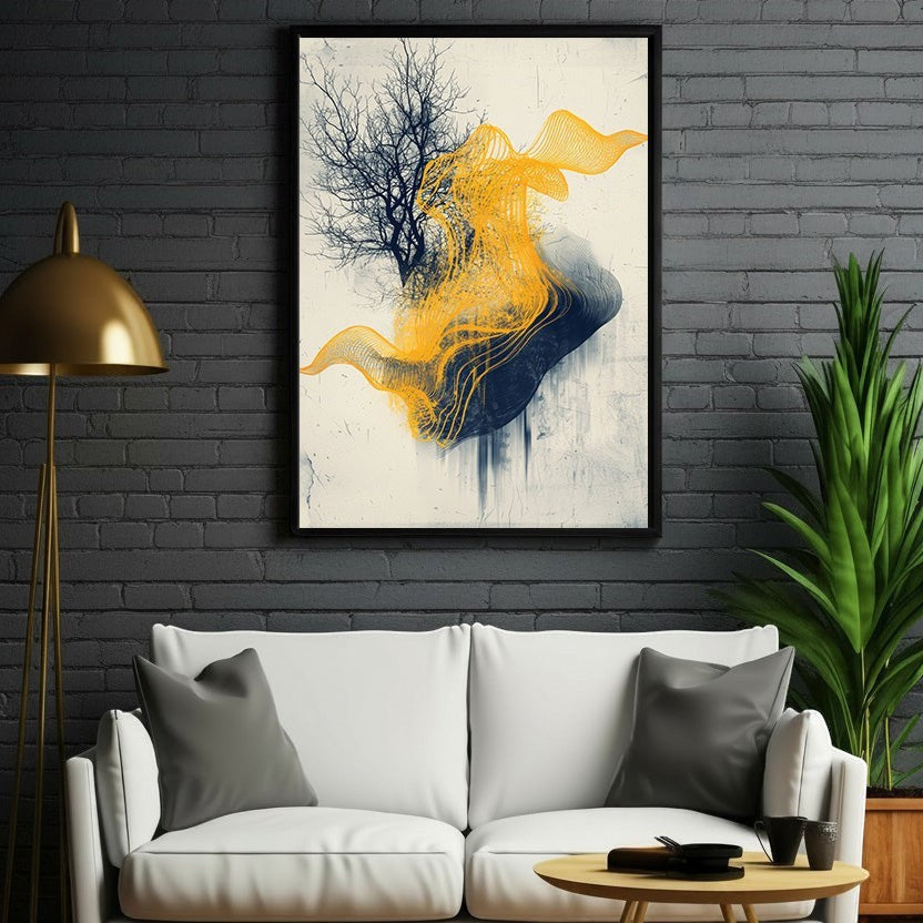 Wadi Home abstract swirl tree wall art with navy and yellow hues, modern artistic design.