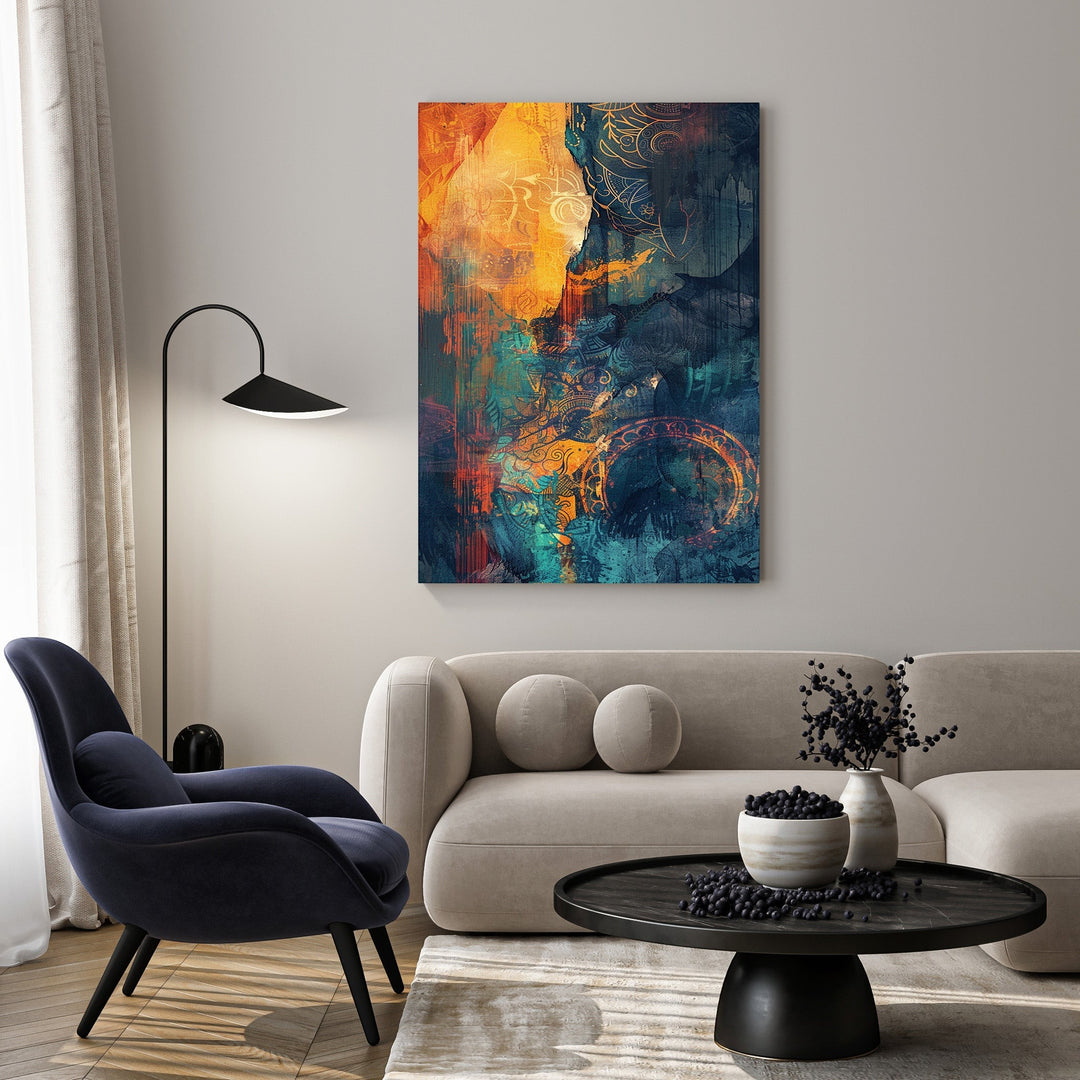 Wadi Home abstract wall art with warm oranges and deep teals, featuring swirls and geometric patterns.