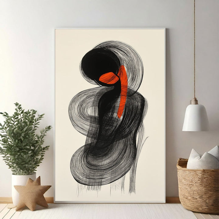 Wadi Home abstract wall art with black brushstrokes and an orange accent on a cream background.