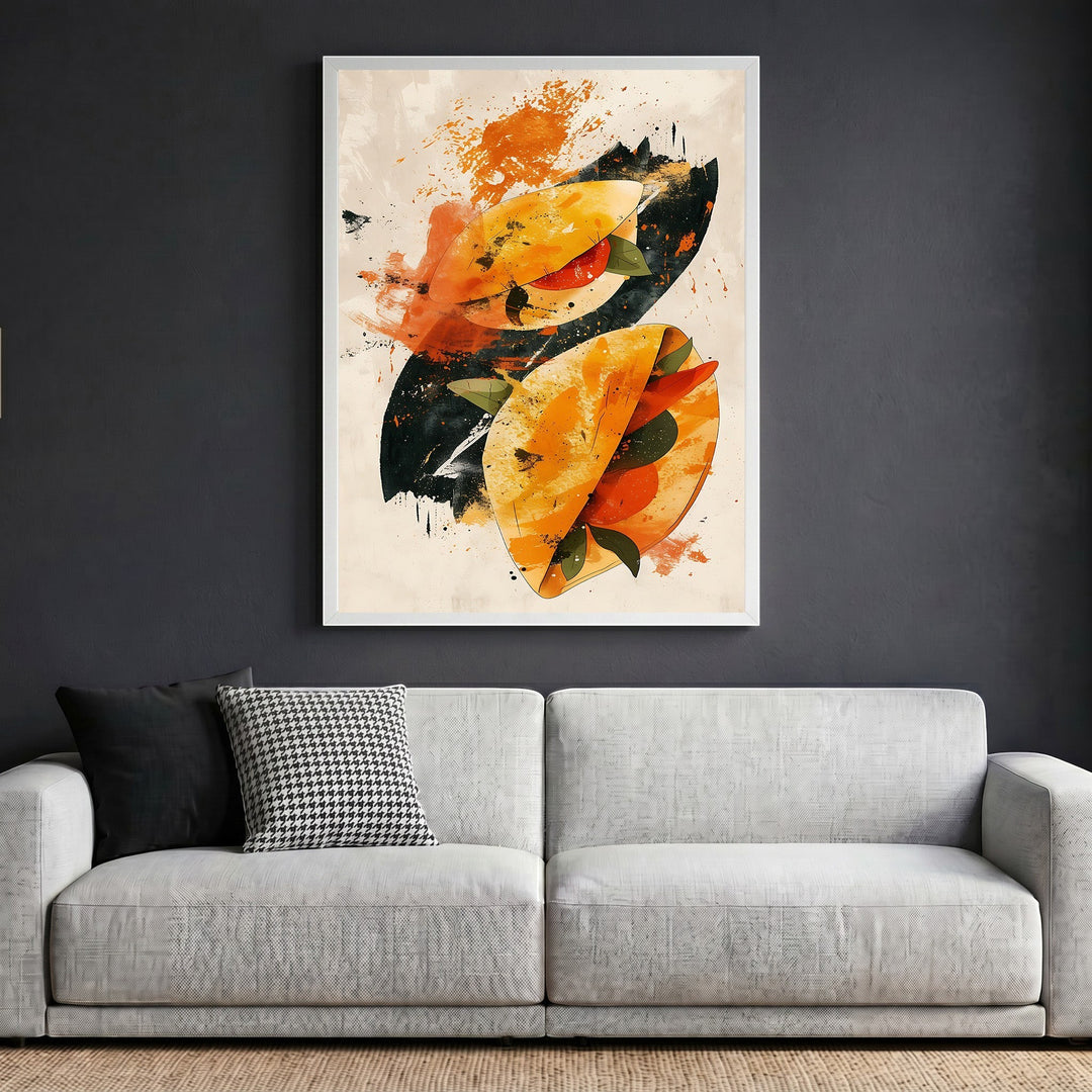 Wadi Home abstract taco illustration wall art in a white frame hanging above a modern grey sofa.