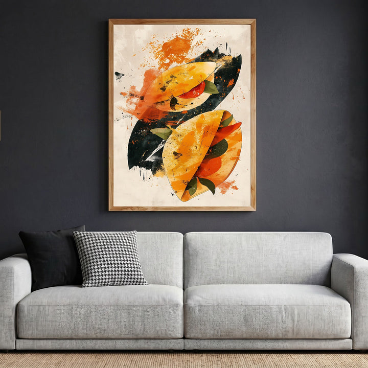 Wadi Home abstract taco illustration wall art in a wooden frame hanging above a modern grey sofa in a living room.