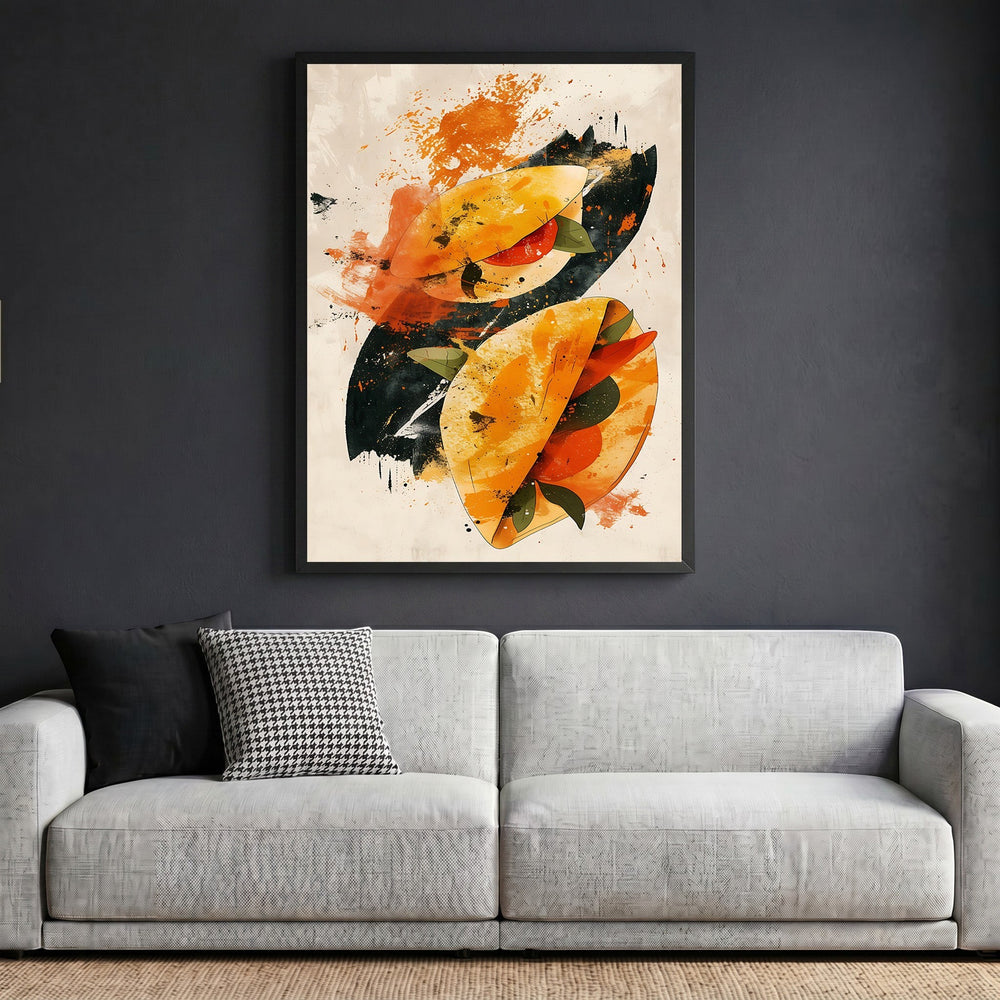 Wadi Home abstract taco illustration wall art in a black frame hanging above a modern grey sofa.