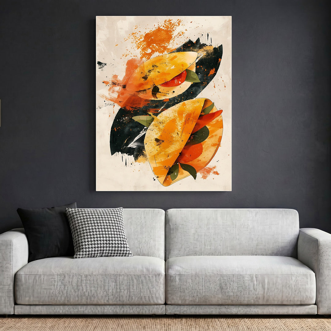 Wadi Home abstract taco illustration wall art with orange and black brushstrokes hanging above a modern sofa