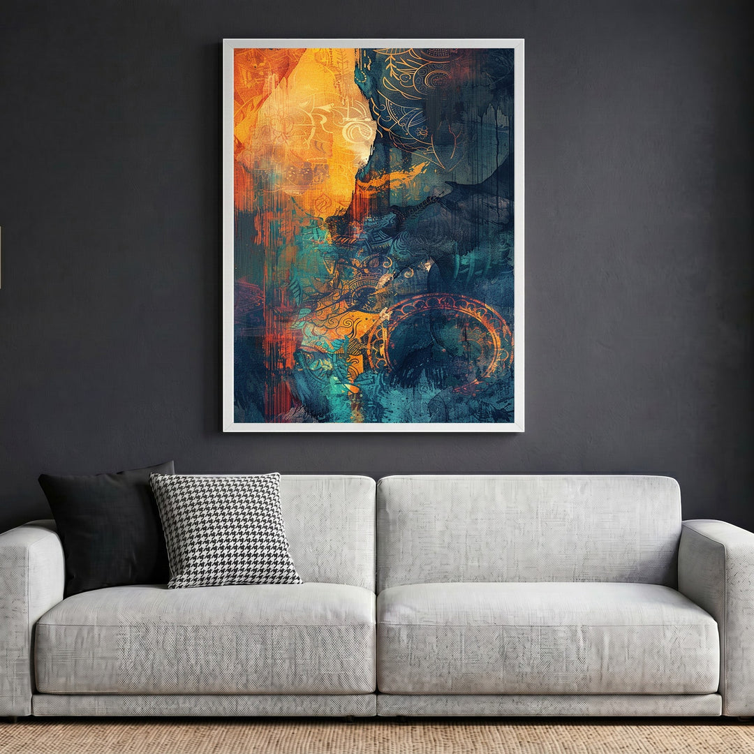 Wadi Home abstract wall art print featuring teal and orange brushstrokes in a white frame above a modern sofa.