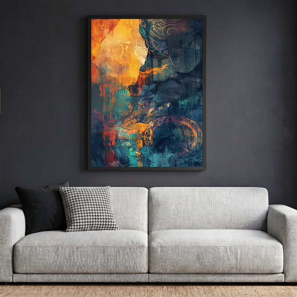 Wadi Home abstract wall art print with teal and orange brushstrokes in a black frame above a modern grey sofa.