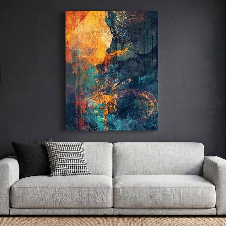 Wadi Home abstract wall art print with teal and orange brushstrokes and intricate patterns above a modern sofa