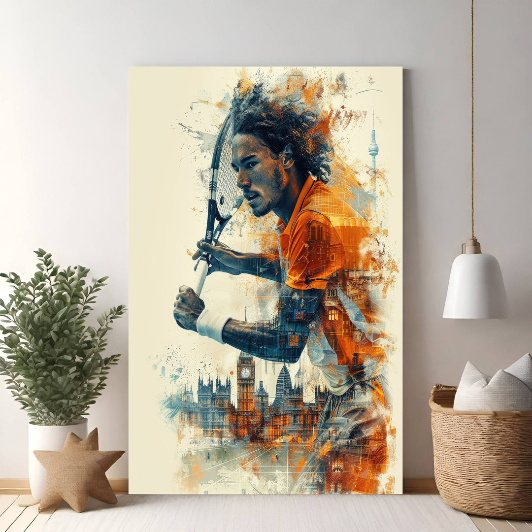 Wadi Home abstract tennis player artwork with orange shirt and cityscape background. Dynamic art for modern decor.