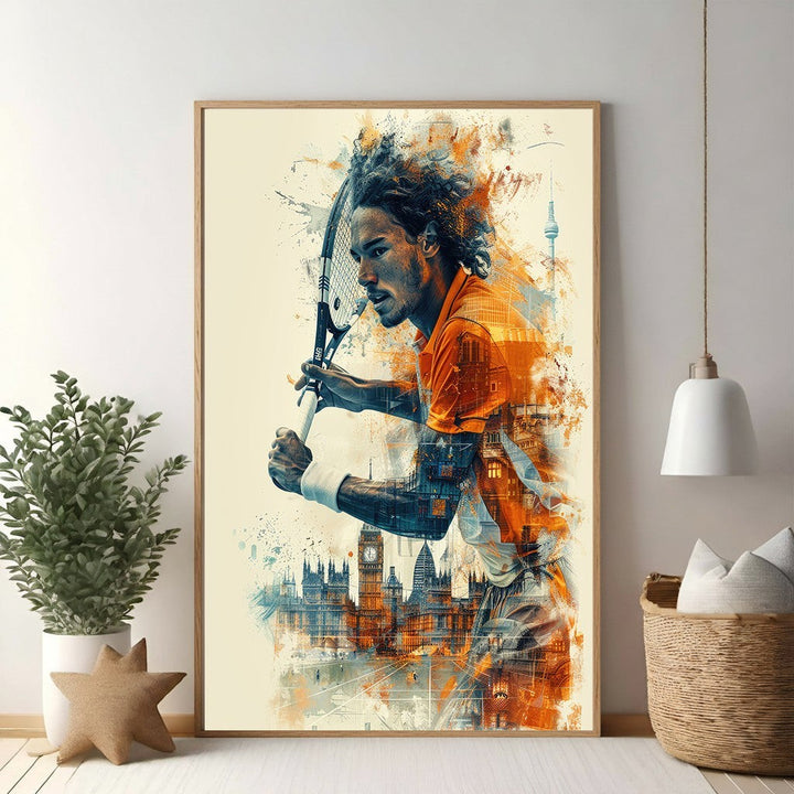 Wadi Home abstract tennis player artwork with vibrant cityscape background. Dynamic orange and blue tones.