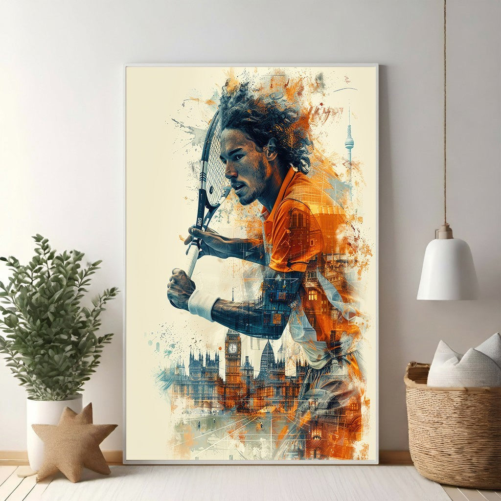 Wadi Home abstract artwork of a tennis player in action, with a vibrant cityscape background. Orange shirt, dynamic pose.