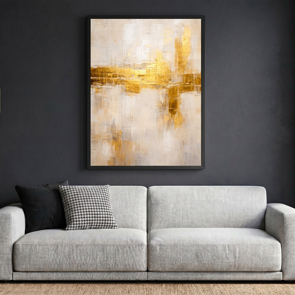 Wadi Home abstract textured canvas wall art with gold accents and neutral tones hanging above a modern grey sofa.