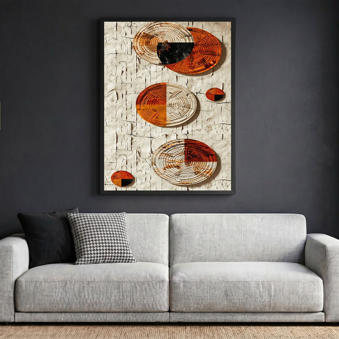 Wadi Home abstract textured wall art with circular woven terracotta and black accents on a cracked plaster background.