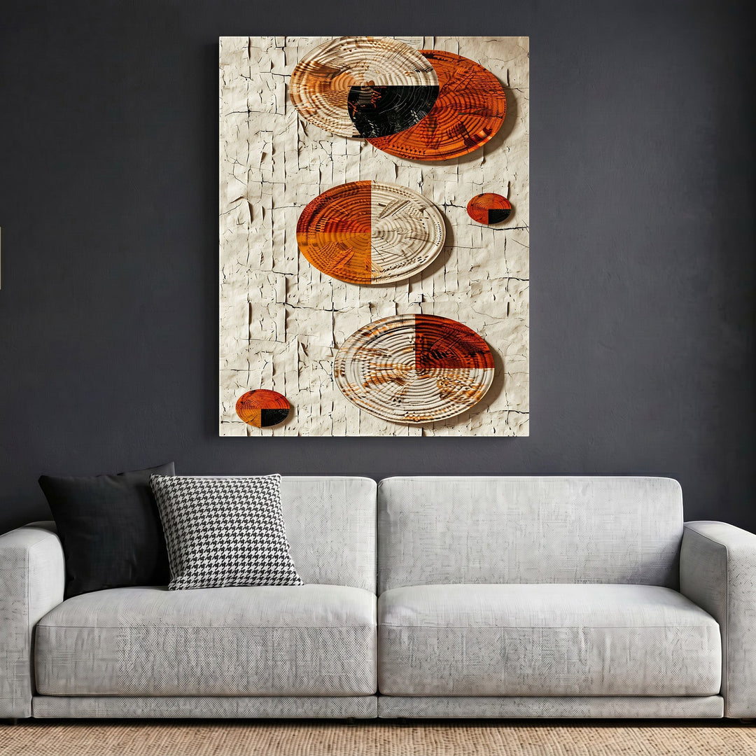 Wadi Home abstract textured wall art featuring woven circular elements on a cracked plaster background in earthy tones.