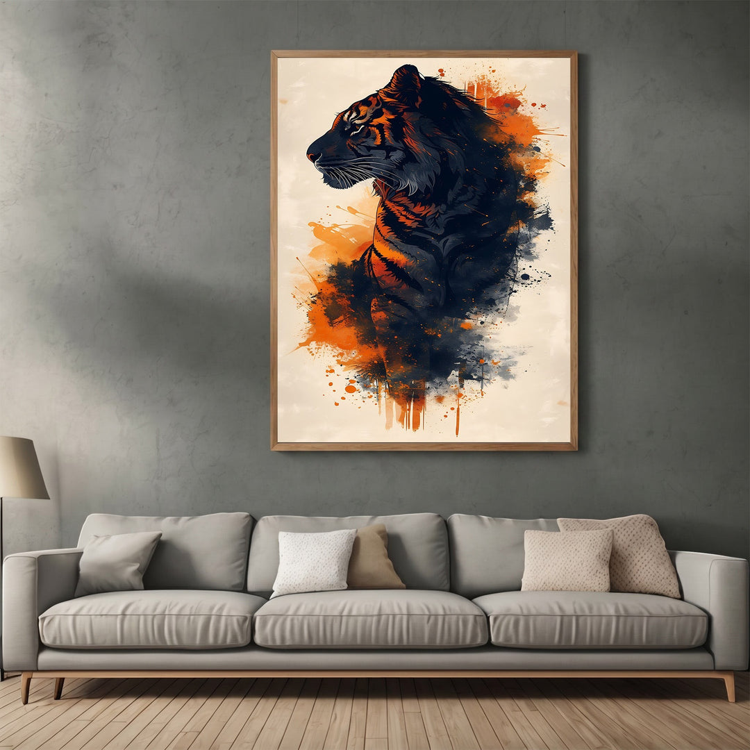 Wadi Home abstract tiger wall art print featuring charcoal and orange painterly brushstrokes above a modern sofa.