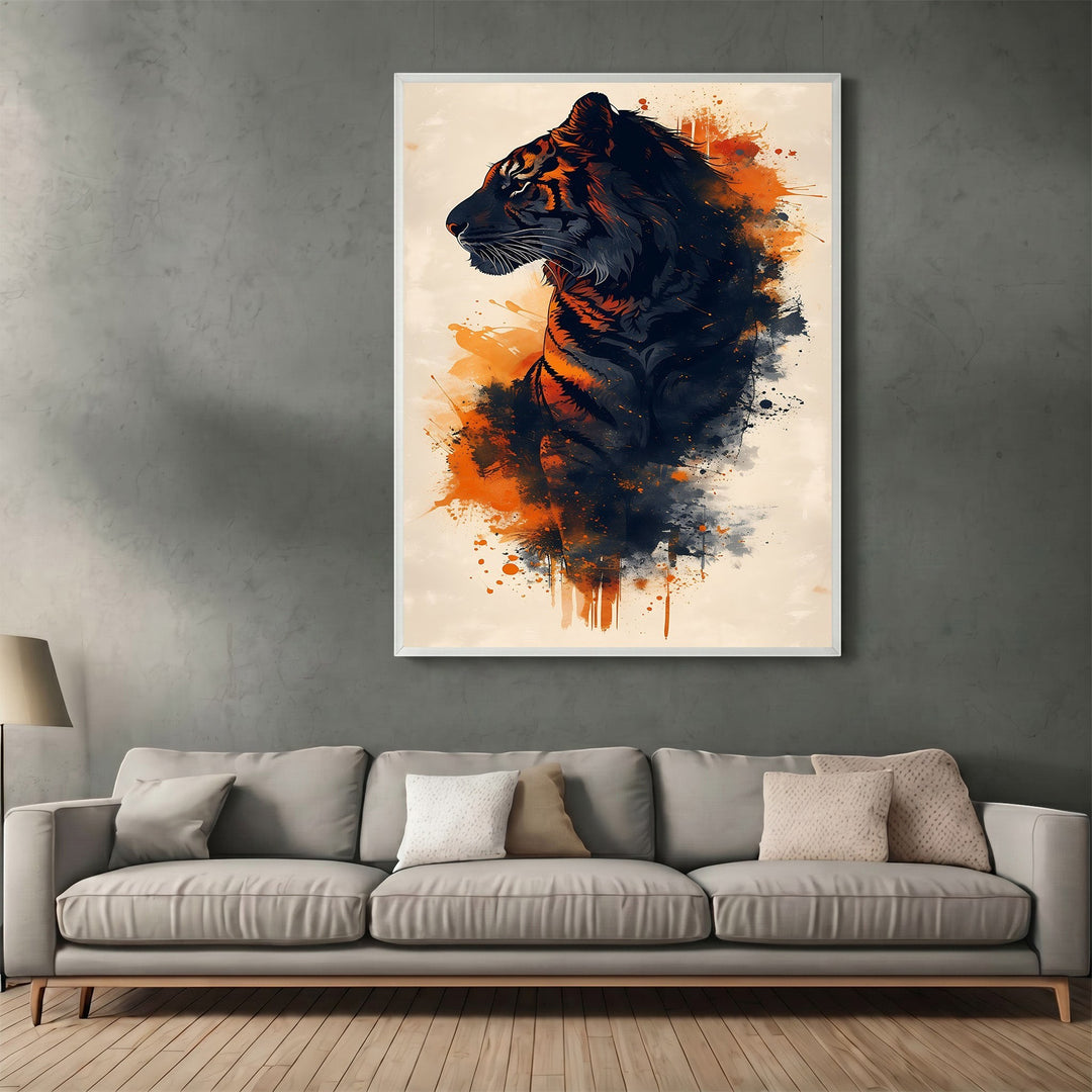 Wadi Home abstract tiger wall art print with charcoal and orange ink splatter brushstrokes in a modern living room.