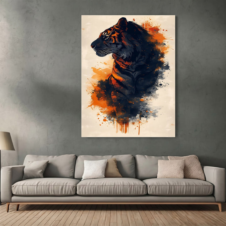 Wadi Home abstract tiger wall art print with charcoal, black, and orange painterly brushstrokes above a grey sofa.