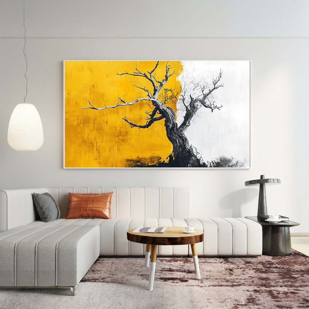 Wadi Home abstract tree landscape canvas print with golden-yellow, white, and charcoal tones in a modern living room.