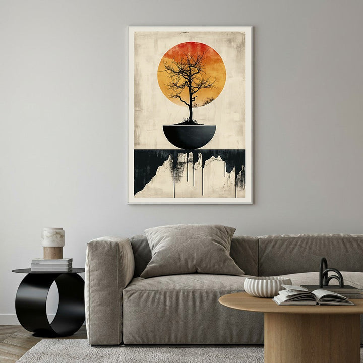 Wadi Home abstract wall art featuring a silhouetted tree in a bowl against a vibrant orange sun and textured background.