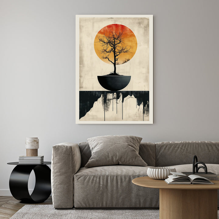 Wadi Home abstract wall art featuring a silhouetted tree in a bowl against a textured orange sun and black abstract base.
