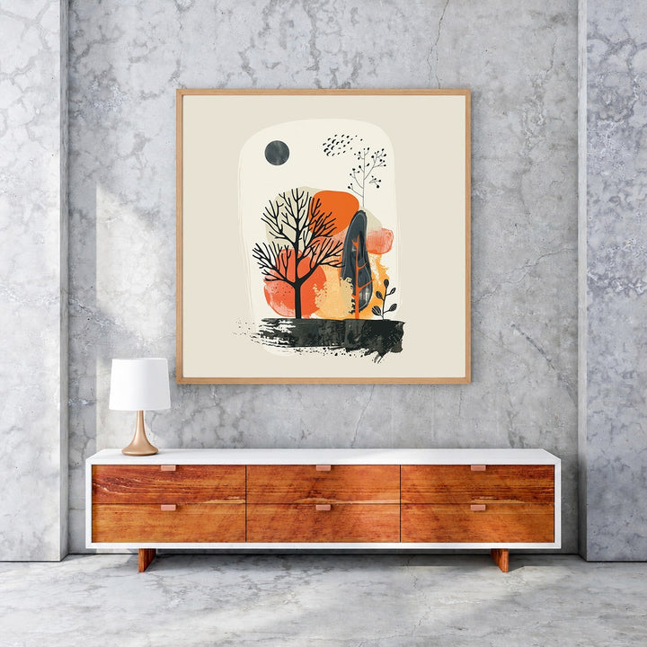 Wadi Home abstract landscape tree wall art with warm earthy tones and minimalist design. Features a tree motif, moon, and abstract shapes.