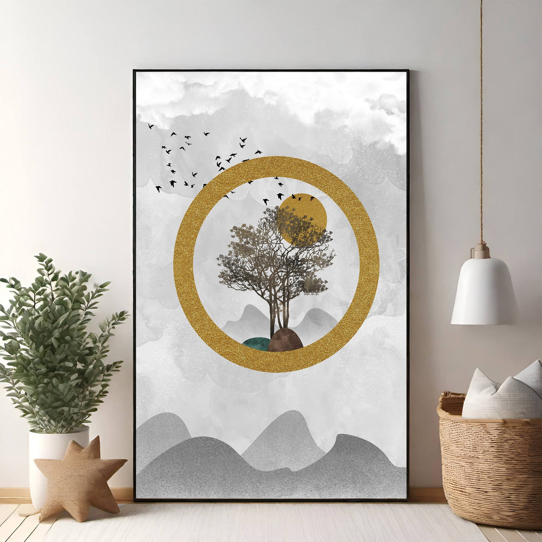 Wadi Home abstract landscape wall art with a solitary tree within a gold circle, misty mountains, and birds. Grey, white, and gold.