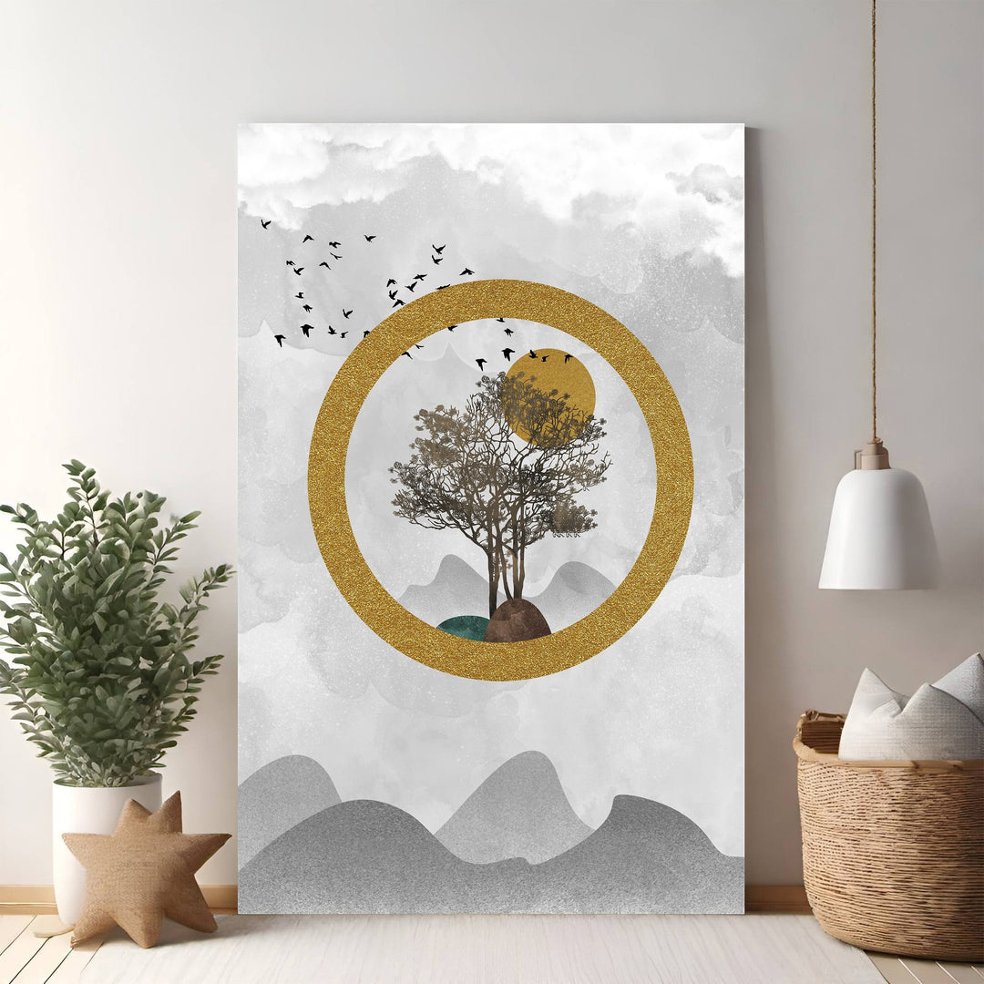 Wadi Home abstract landscape wall art with a tree in a gold circle, misty mountains, birds, and a golden sun. Grey, white, and gold.