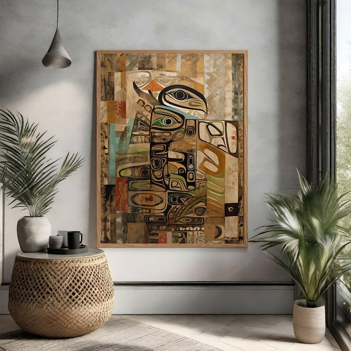 Wadi Home abstract tribal art wall decor with earthy tones and intricate geometric patterns, framed in wood.
