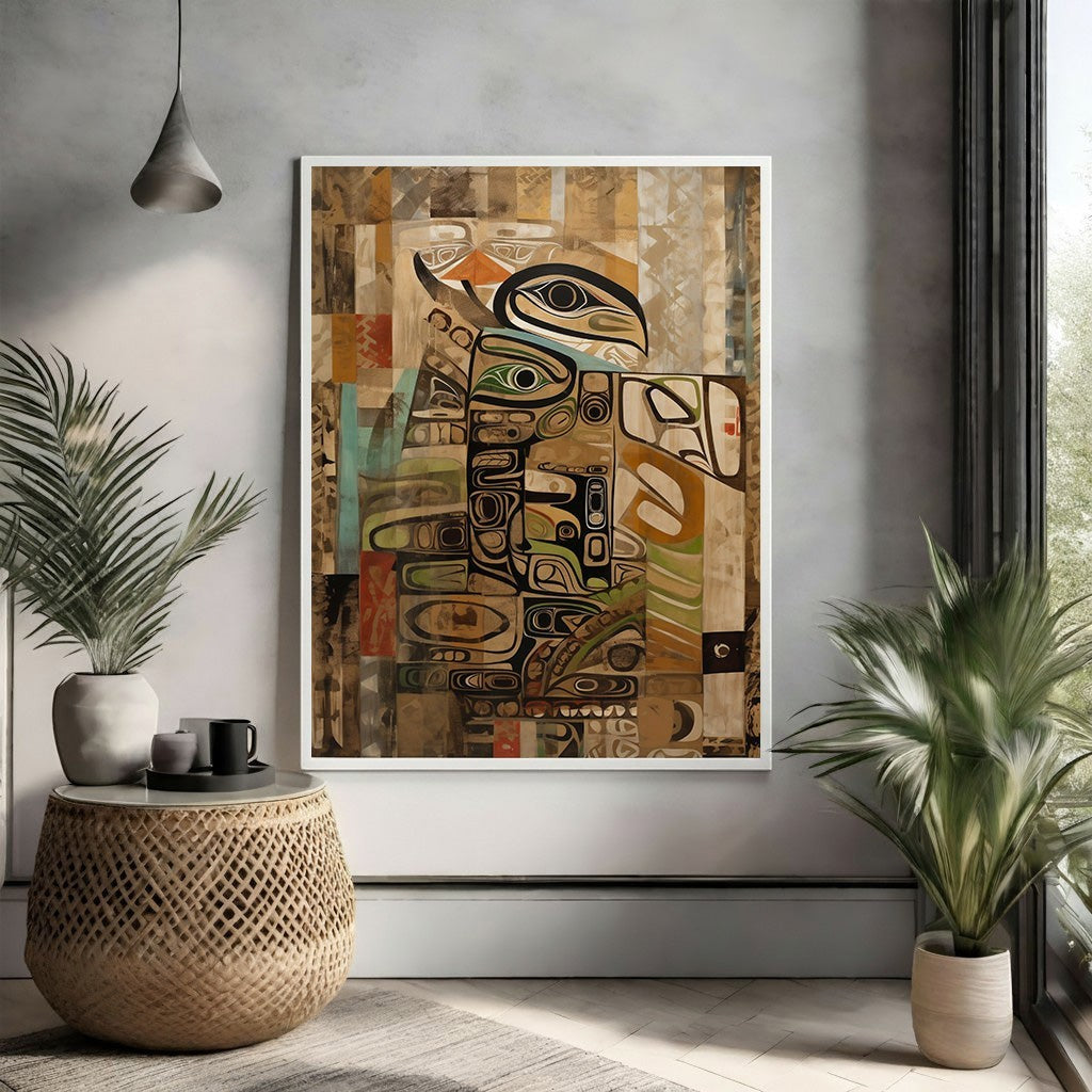 Wadi Home abstract tribal art wall decor with earthy tones and intricate geometric patterns, framed in white.