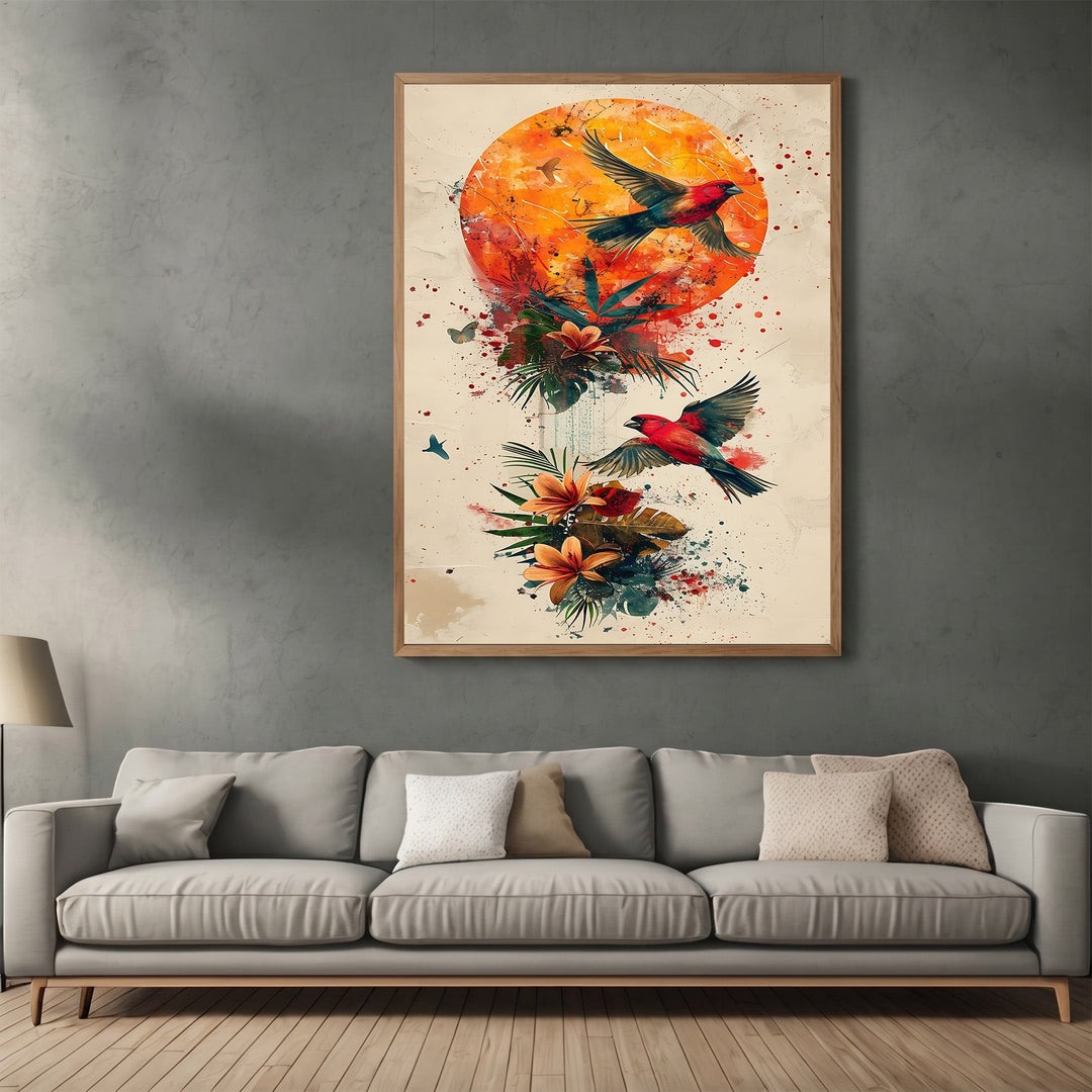 Wadi Home abstract tropical bird wall art print with vibrant orange sun and watercolor floral details above a sofa.