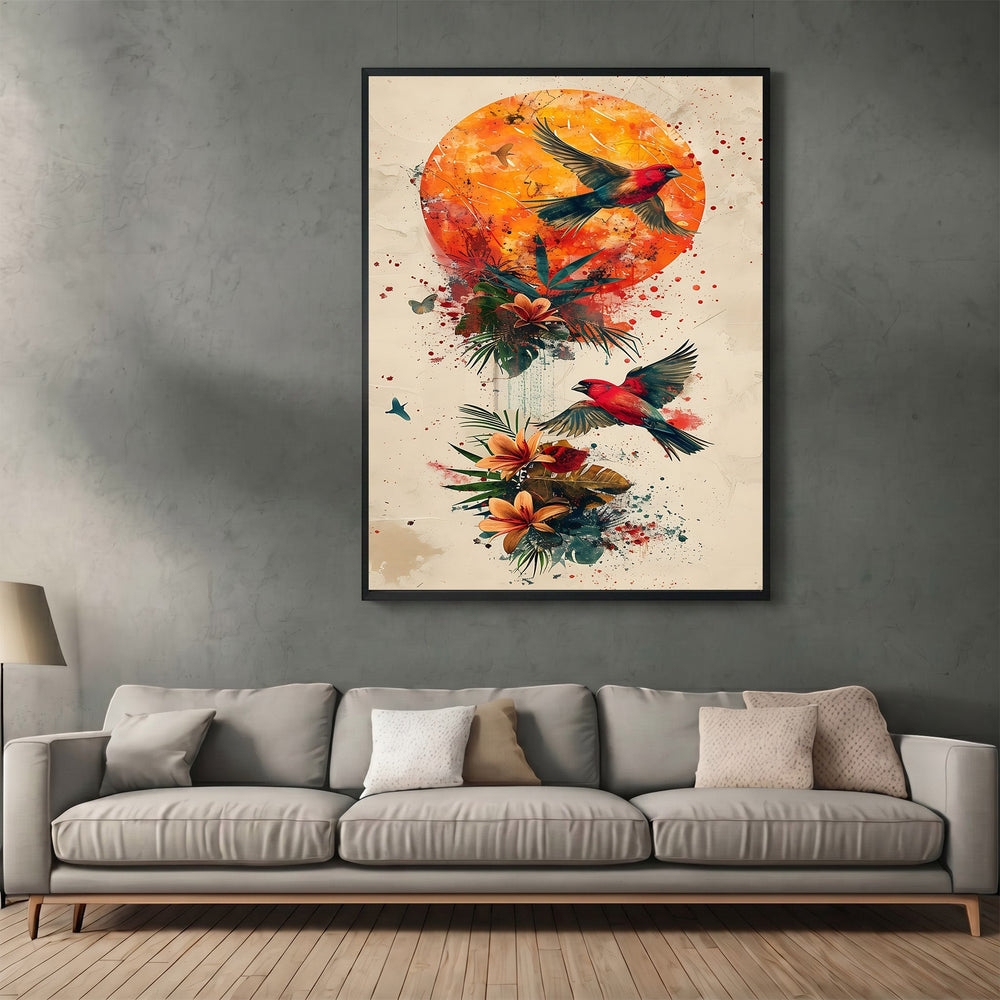 Wadi Home abstract tropical bird wall art print with vibrant orange sun, red birds, and floral watercolor details.