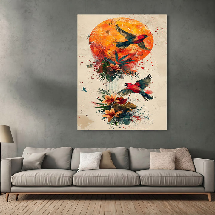Wadi Home abstract tropical bird wall art print with vibrant orange sun, red birds, and floral watercolor details.