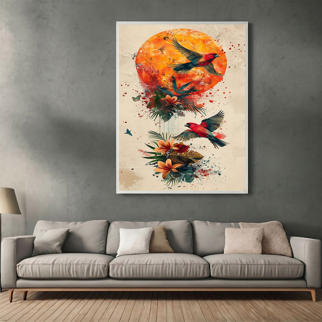 Wadi Home abstract tropical bird wall art print with vibrant orange sun and floral details above a modern grey sofa.