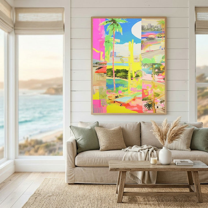 Wadi Home abstract tropical landscape framed wall art with neon colors and palm trees hanging above a beige sofa.
