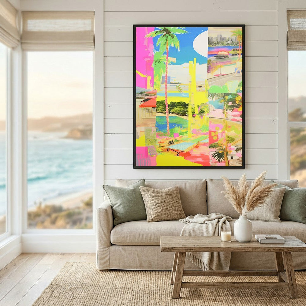 Wadi Home abstract tropical landscape framed wall art with neon colors hanging above a beige sofa in a coastal room.