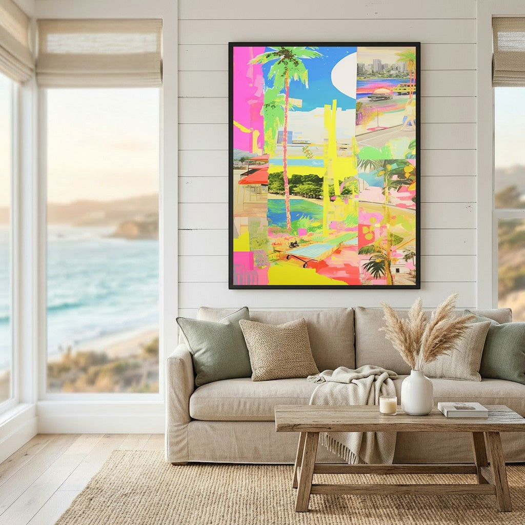 Wadi Home abstract tropical landscape framed wall art with neon colors hanging above a beige sofa in a coastal room.