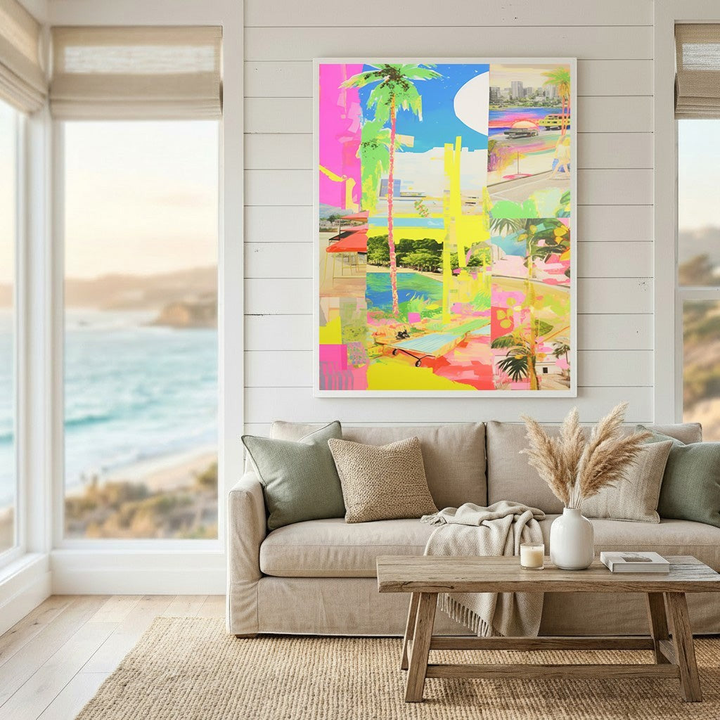 Wadi Home abstract tropical landscape framed wall art with neon colors, palm trees, and coastal motifs in a living room