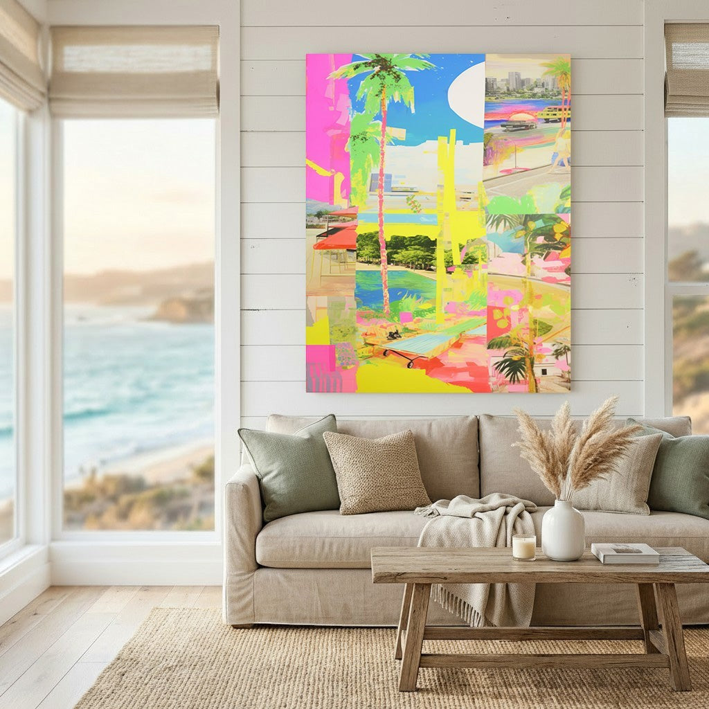 Wadi Home abstract tropical landscape framed wall art with neon colors, palm trees, and coastal scenes in a living room