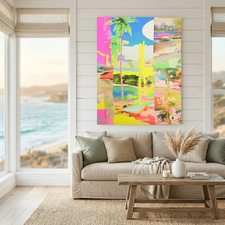 Wadi Home abstract tropical landscape framed wall art with neon colors, palm trees, and coastal scenes in a living room