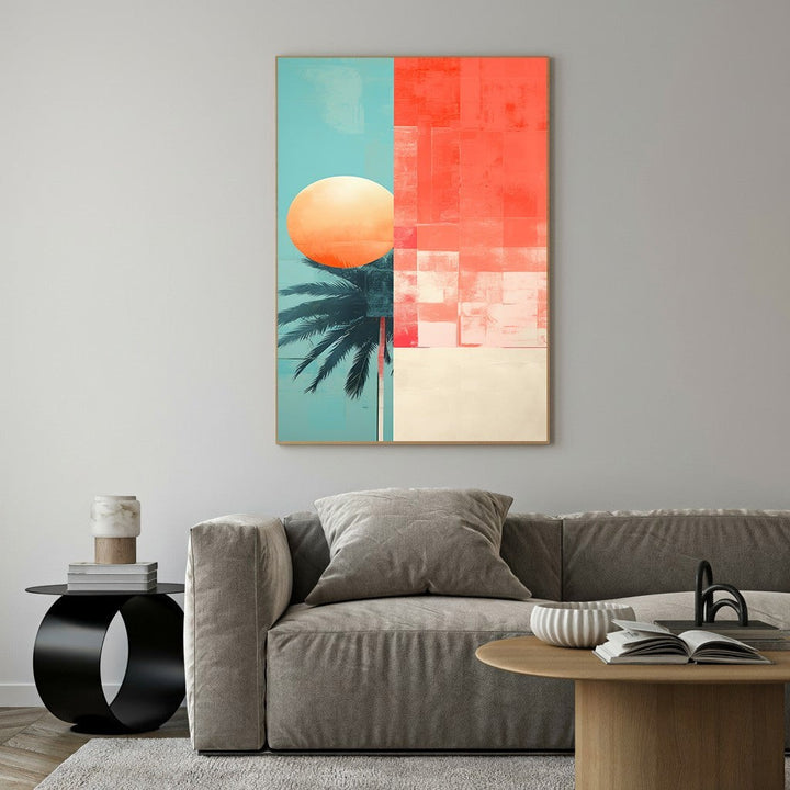 Wadi Home abstract tropical sunset art with coral, turquoise, palm frond, and sun.