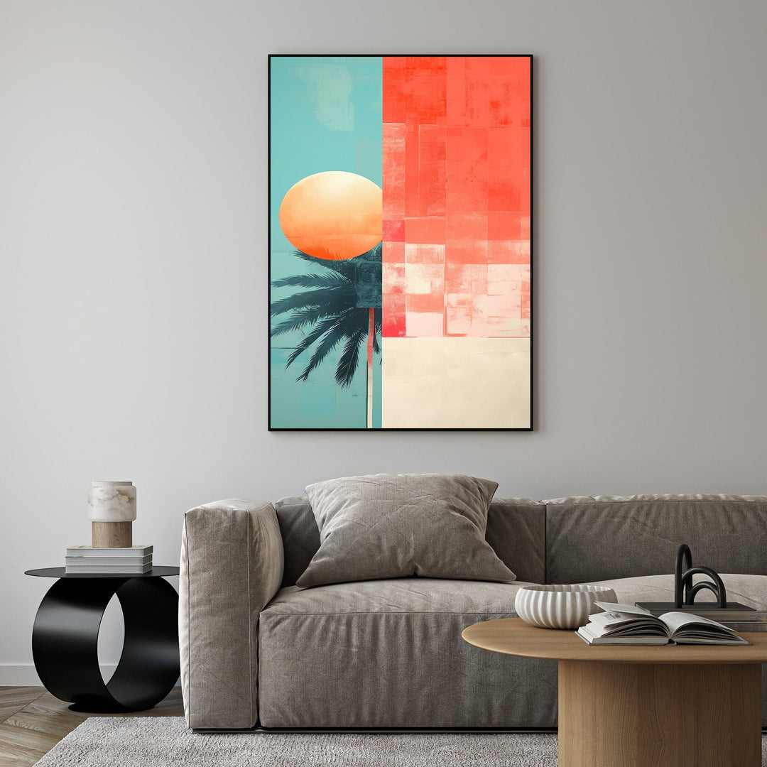 Wadi Home abstract tropical sunset wall art with coral, turquoise, and cream colors, featuring a stylized palm frond and sun.