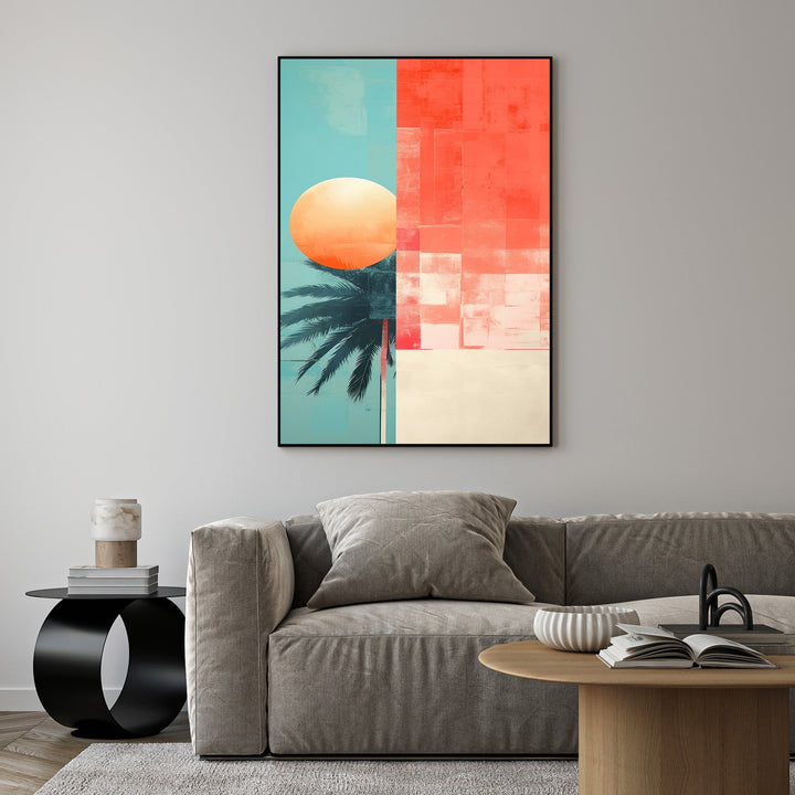 Wadi Home abstract tropical sunset wall art with coral, turquoise, and cream colors, featuring a stylized palm frond and sun.