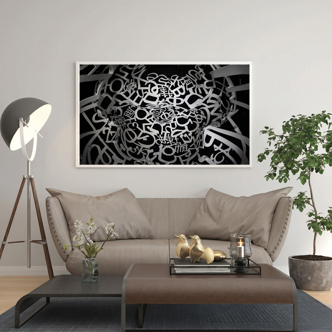 Wadi Home abstract monochrome typography face wall art print. Features a human face formed from letters and symbols.