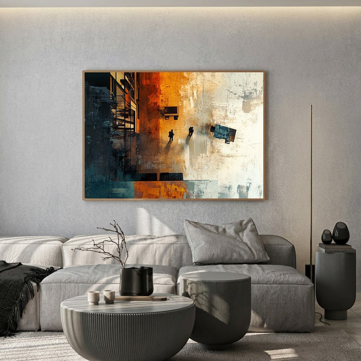 Wadi Home abstract wall art with orange, blue, and neutral tones, depicting urban figures and textured brushstrokes.