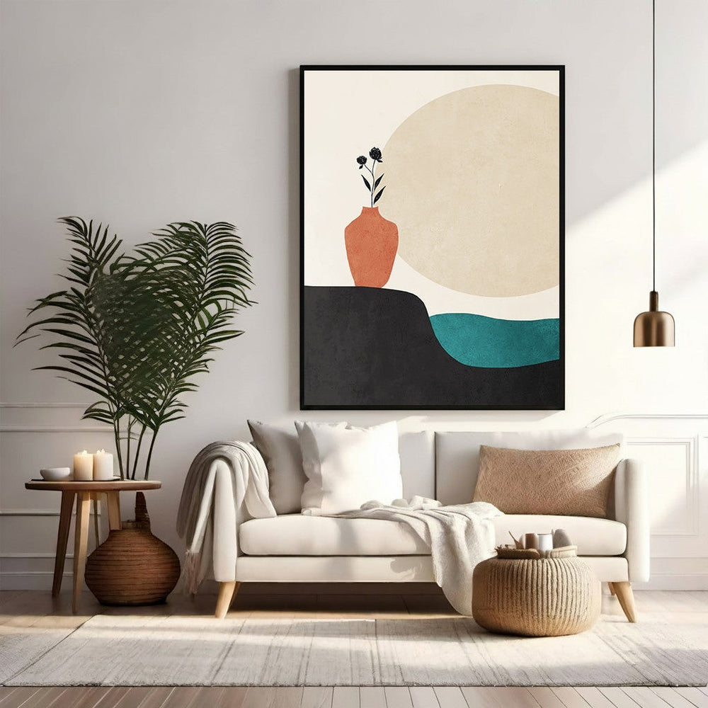 Wadi Home abstract minimalist vase wall art with earthy tones, black, and teal accents. Modern design.