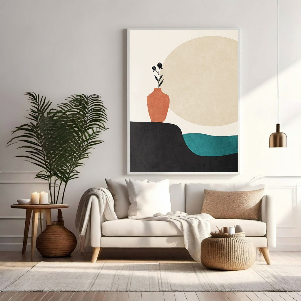 Wadi Home abstract minimalist vase wall art with earthy tones, black, teal, and a large cream circle.