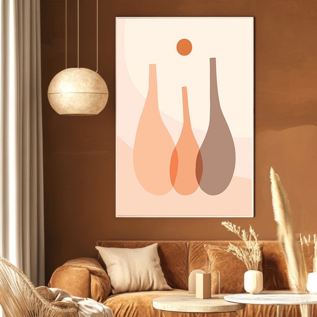 Wadi Home abstract minimalist wall art print featuring three vases and a sun in peach and terracotta tones above a sofa.